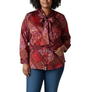 Lady Shapely Vintage Tie Neck Bow Blouse Patchwork Floral Womens Size 18W